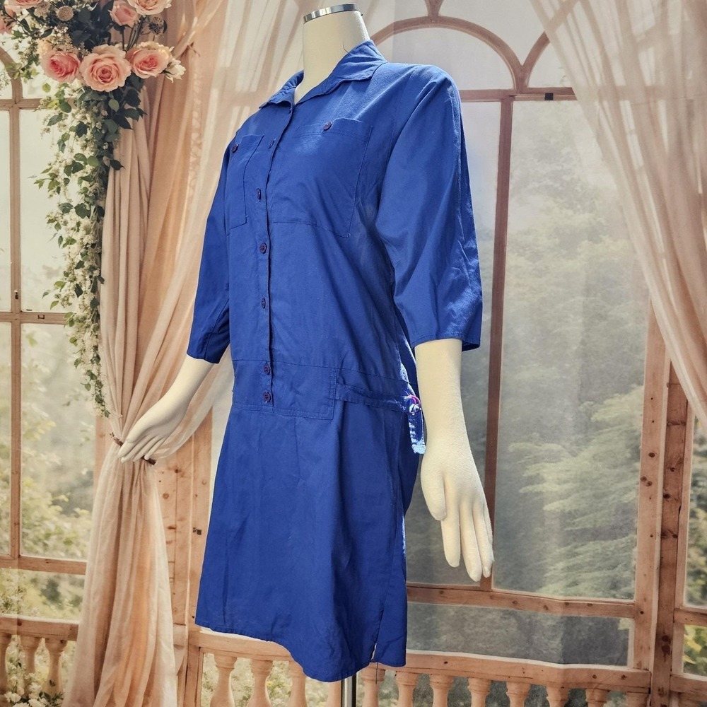 Vintage 1980s Dress Royal Blue Drop Waist Long Sleeve Button Down Collared - Picture 6 of 16
